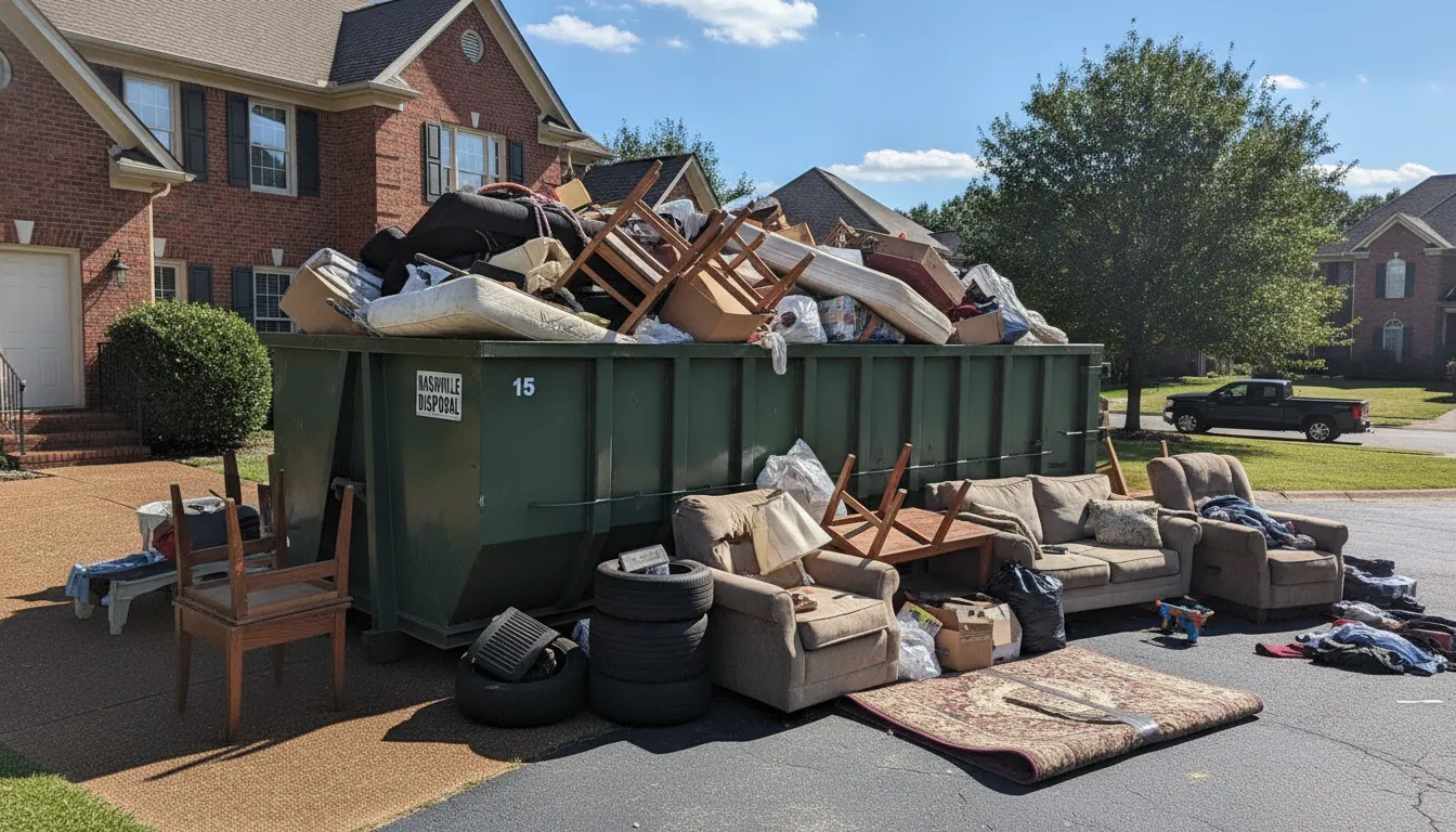 15-yard roll-off dumpster placed on a residential driveway for a home cleanout project