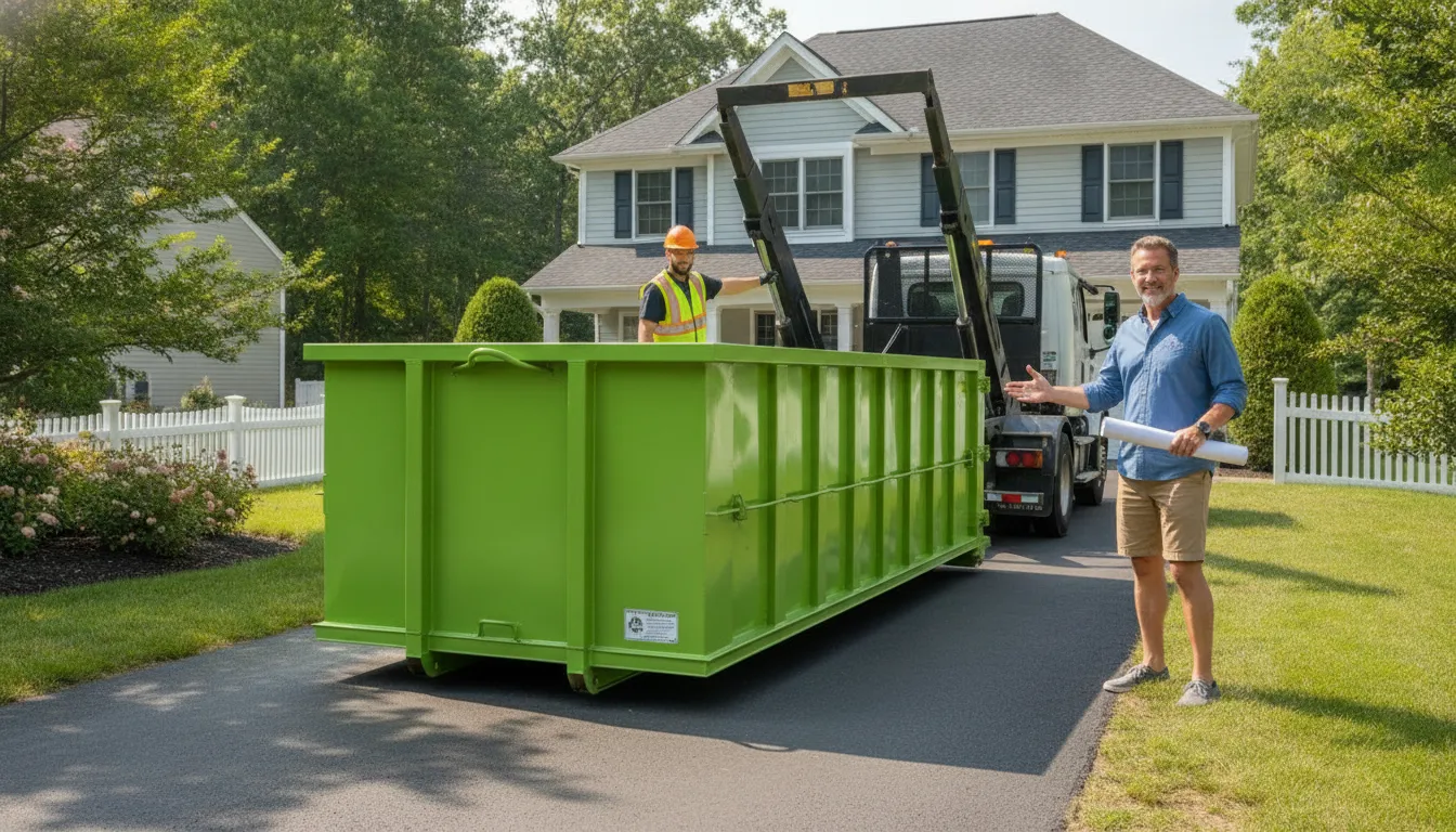 Roll-off dumpster delivered in a driveway for a home renovation project