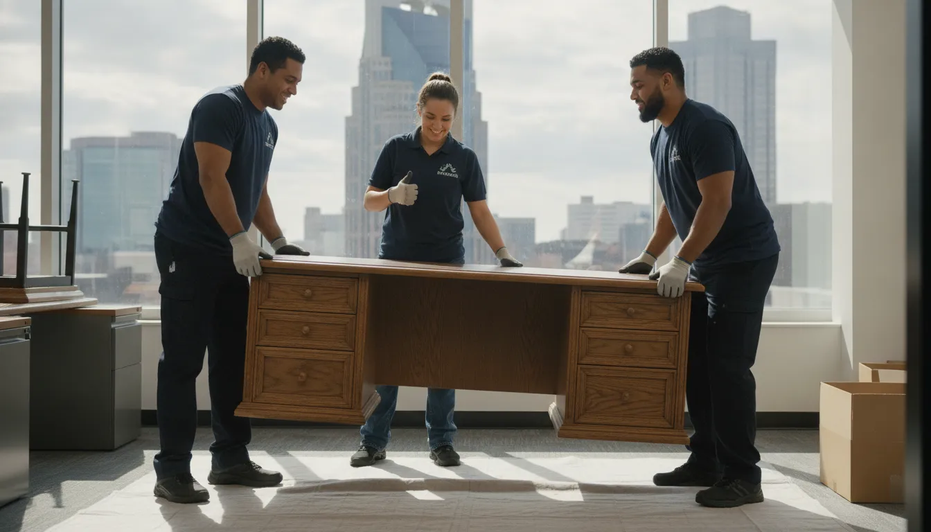 Professional commercial waste removal crew lifting office furniture safely in Nashville