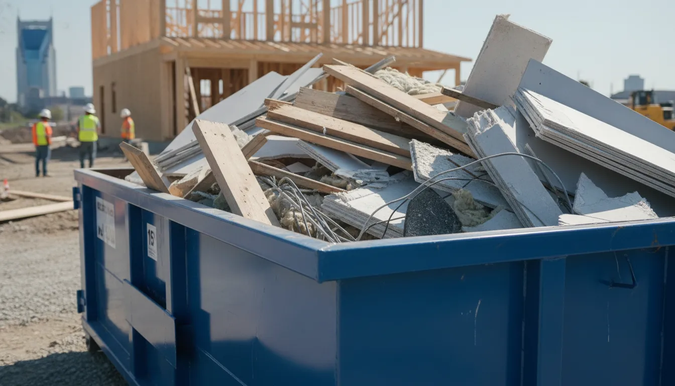 15-yard roll-off dumpster filled with construction debris on a Nashville job site