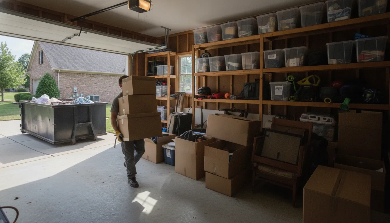 Cleanout crew carrying boxes to an open roll-off dumpster at a Nashville home