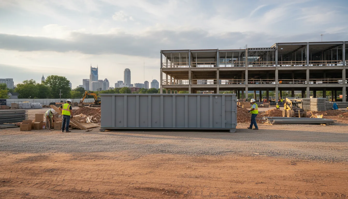 15-yard roll-off dumpster supporting construction cleanup at a Nashville jobsite