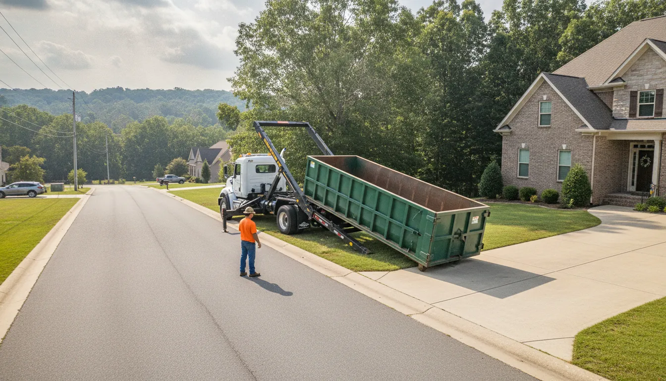 Same day dumpster rental delivery truck positioning a container in Nashville