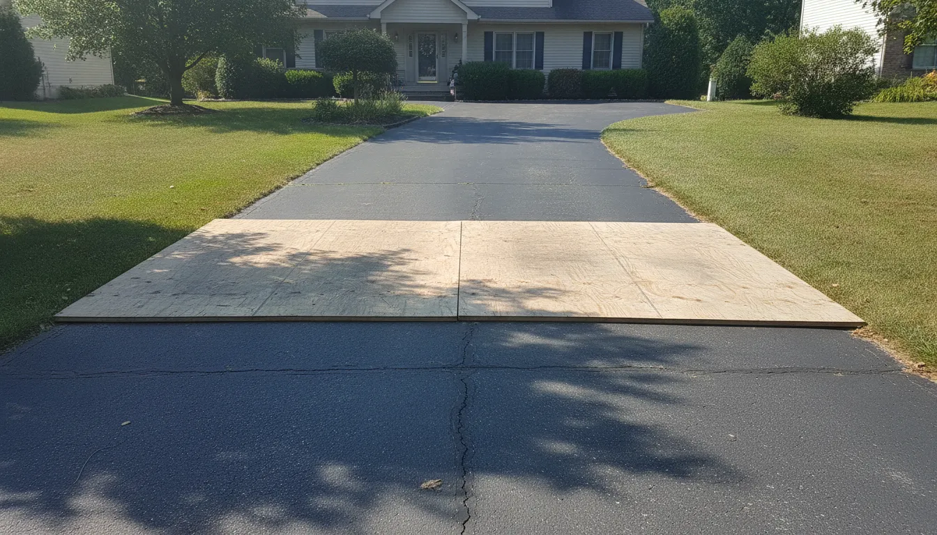 Plywood boards prepared on a clear residential driveway for dumpster placement