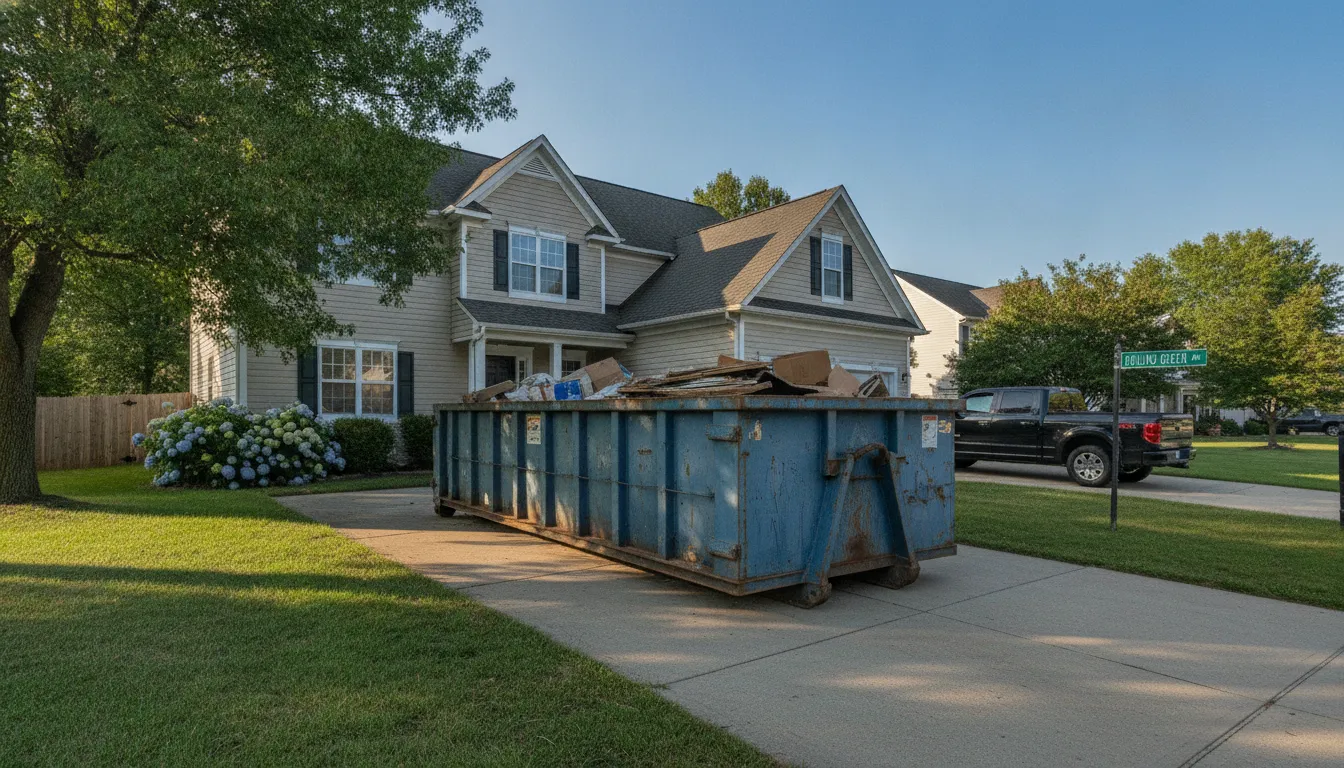 15-yard roll-off dumpster parked in a Bowling Green residential driveway beside a home
