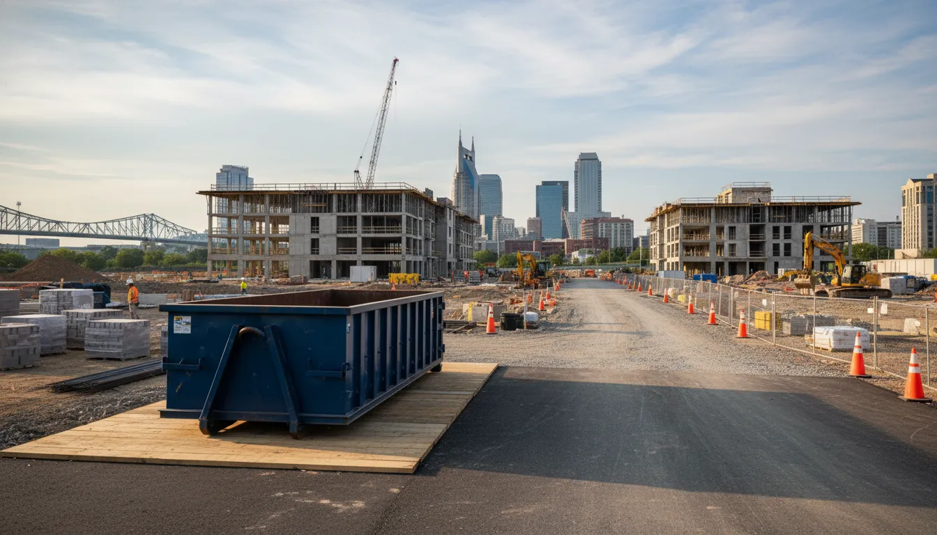 Construction dumpster placed on a prepared Nashville jobsite with a clear truck path