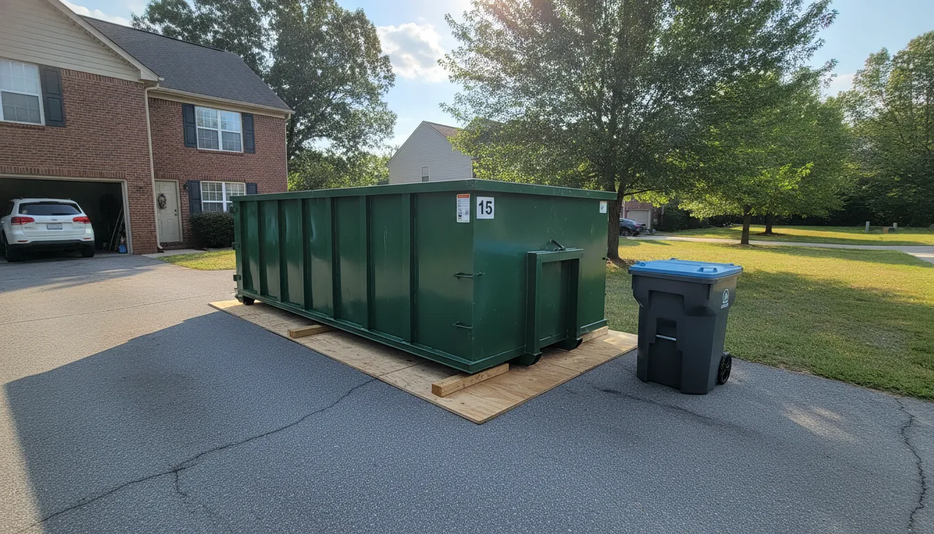 15-yard dumpster parked beside a city rollout trash bin in a Franklin TN driveway showing the size difference