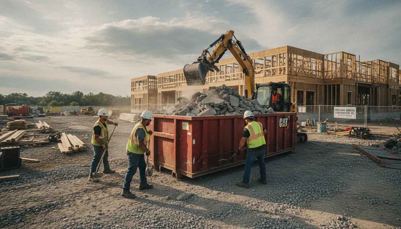Workers loading heavy construction debris including concrete and brick into a roll-off dumpster at a Bowling Green job site