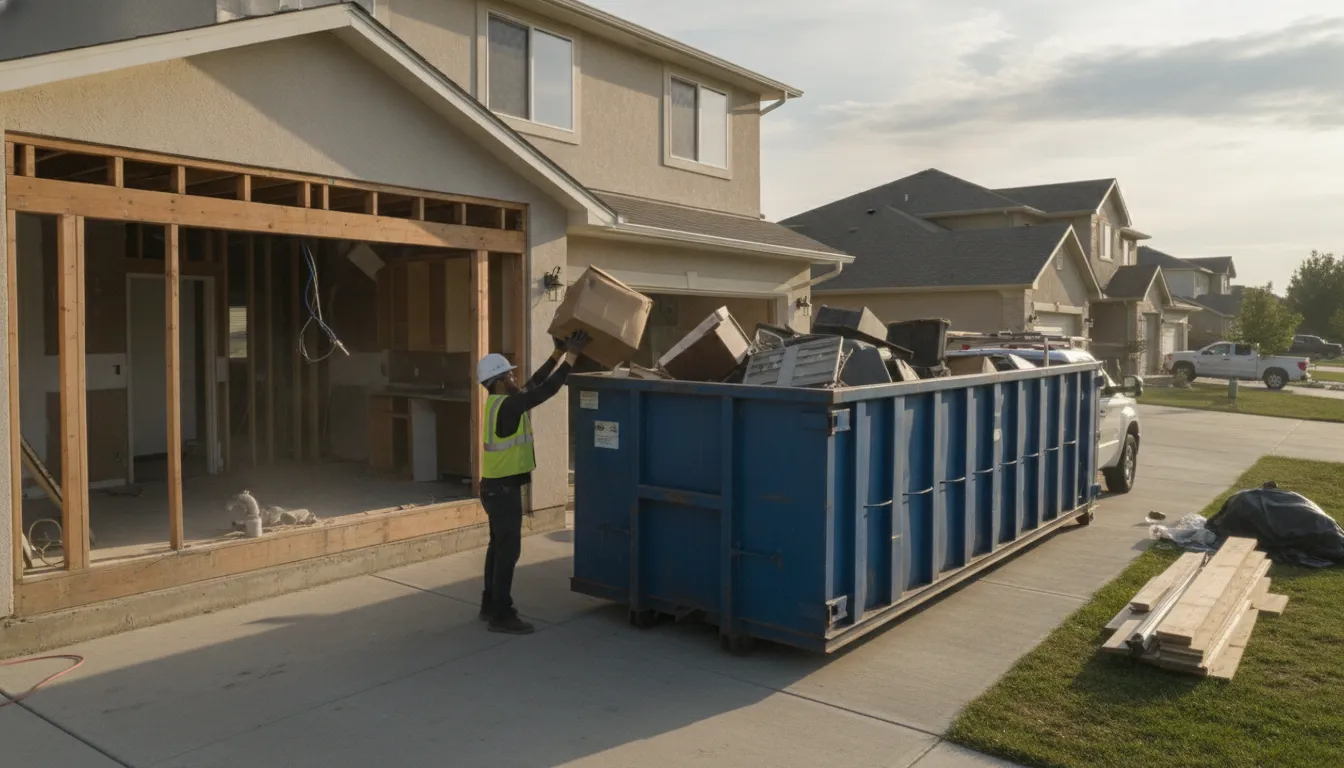 Homeowner loading kitchen remodel debris into a roll-off dumpster in a residential driveway