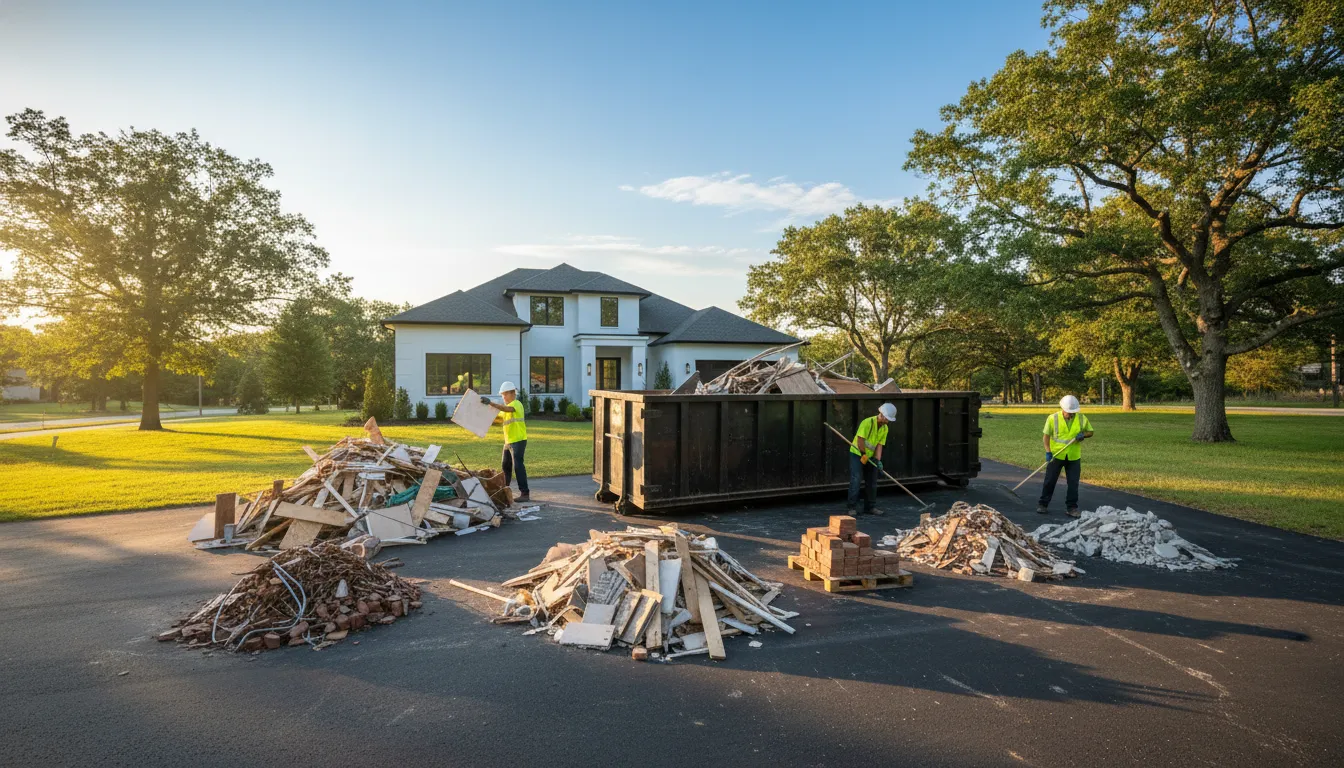 Worker loading renovation debris evenly into a roll-off dumpster