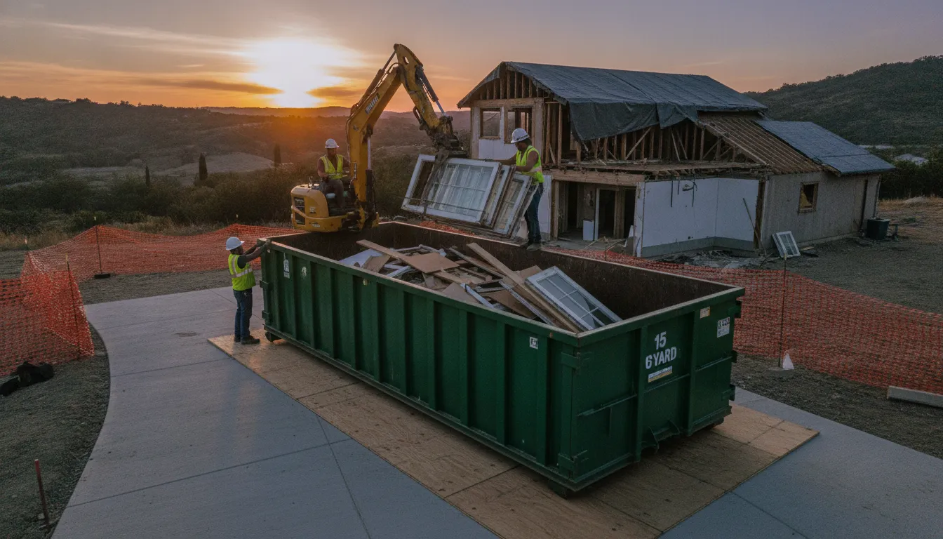 Renovation debris loaded evenly inside a 15-yard roll-off dumpster