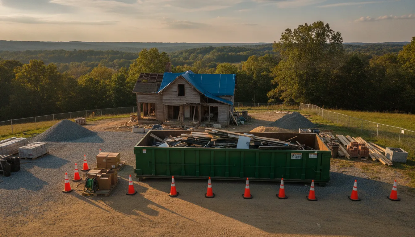 Construction debris loaded evenly in a roll-off dumpster