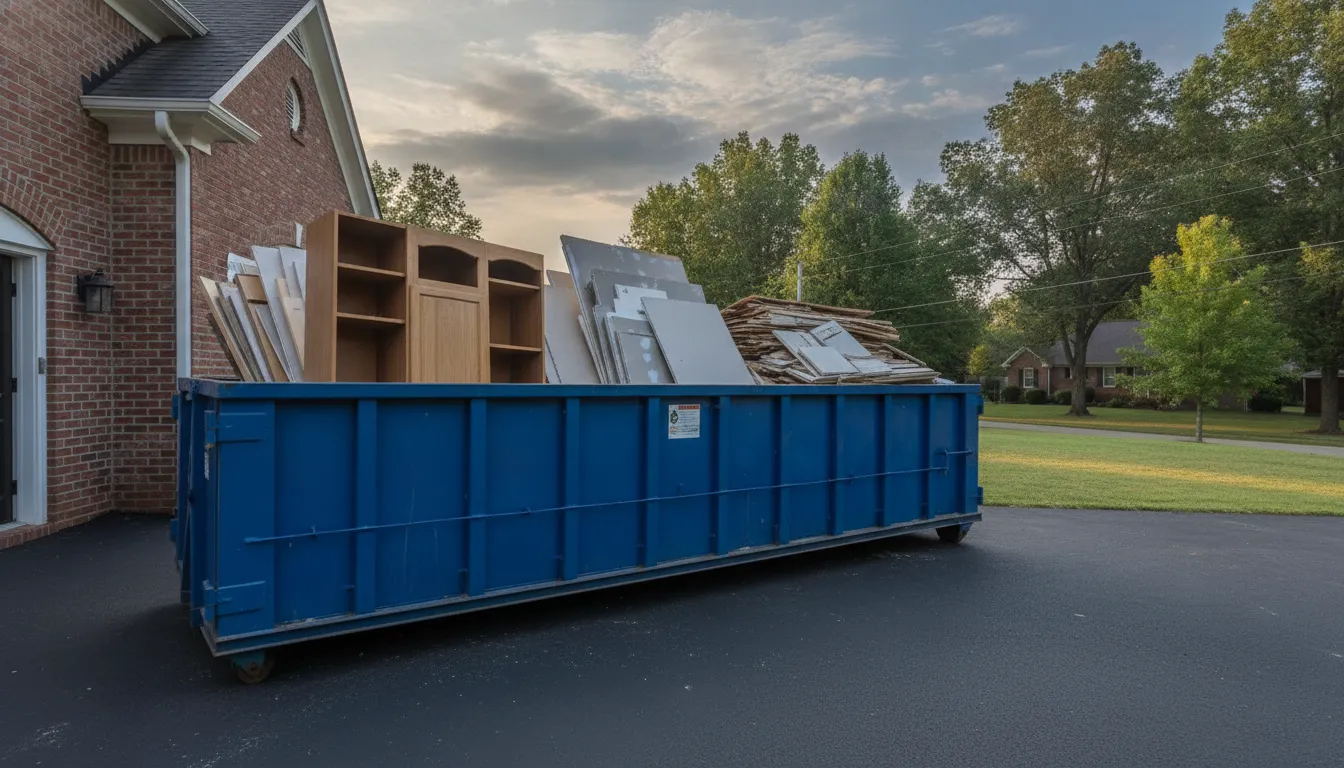 Roll-off dumpster collecting remodeling debris at a Nashville home