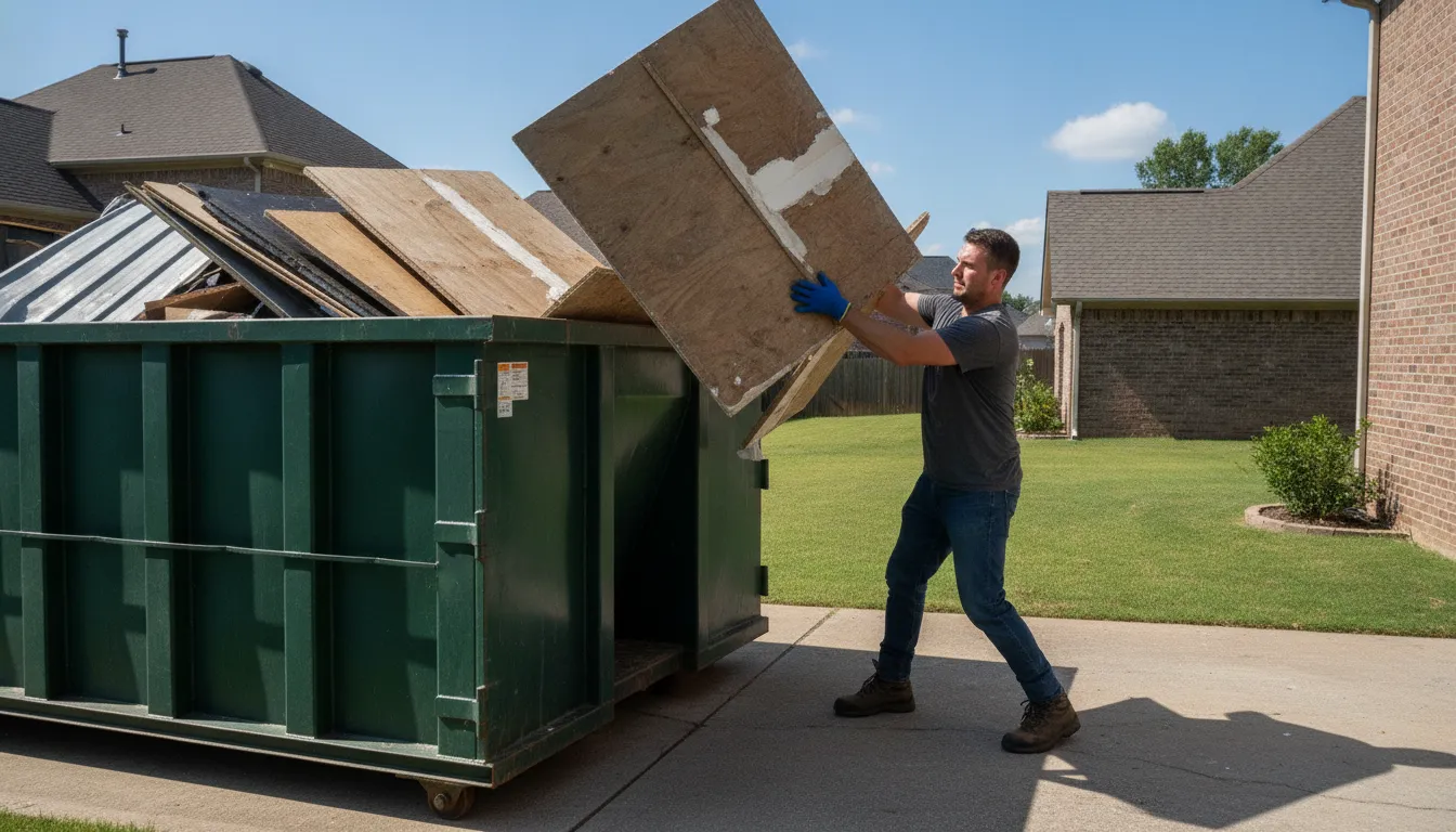 Homeowner loading storm-damaged plywood and drywall into a 15-yard roll-off dumpster on a Nashville driveway