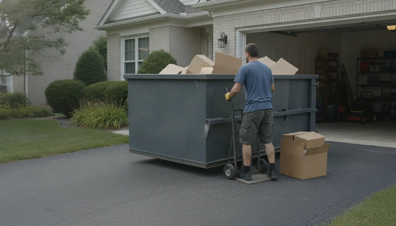 Homeowner loading cardboard boxes into a 15-yard dumpster placed on a driveway near an open garage