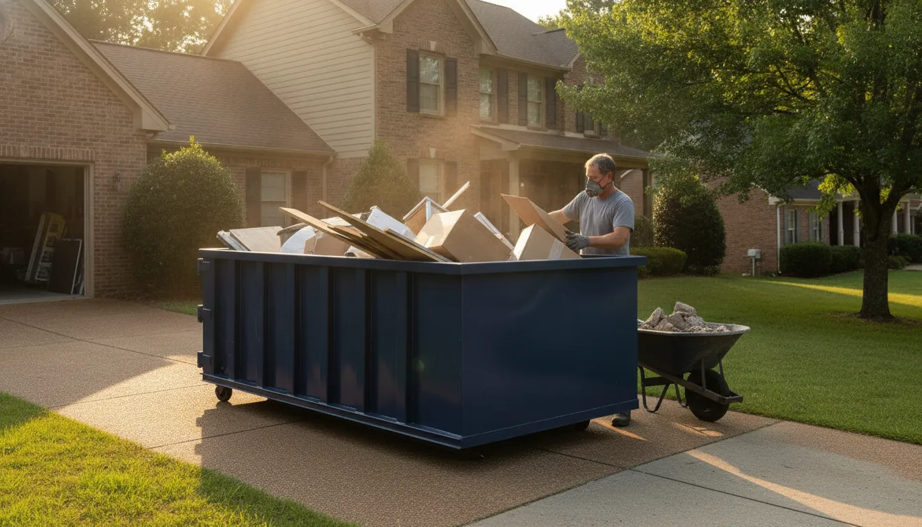 Driveway-friendly 15-yard dumpster beside a Nashville home during a cleanout