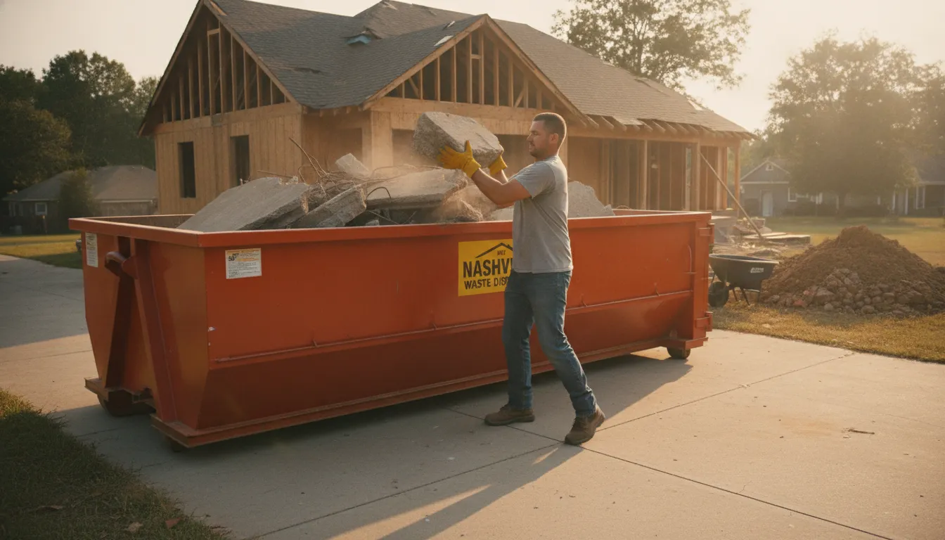 Homeowner loading broken concrete chunks into a heavy-duty roll-off dumpster during a Nashville home renovation
