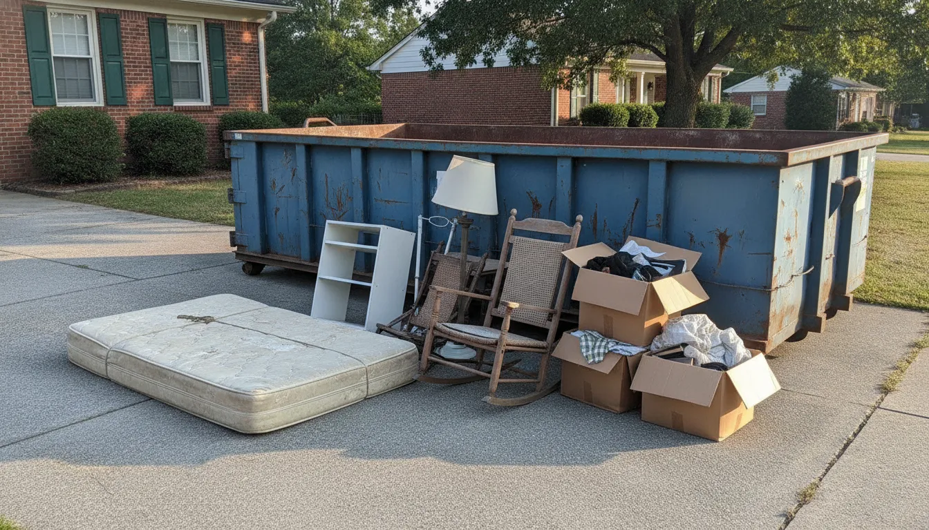 Old mattress prepared beside a roll-off dumpster for a Nashville cleanout