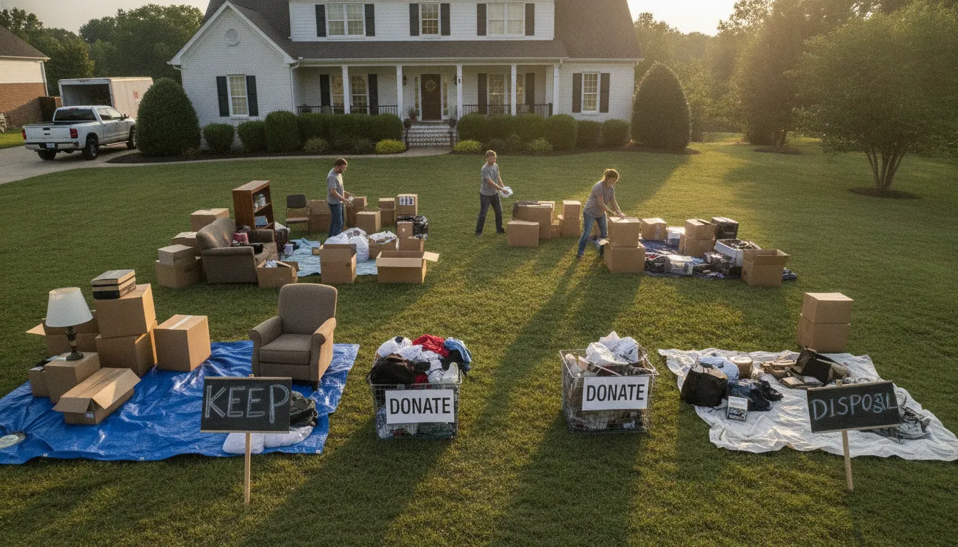 Homeowners sorting household items during a moving cleanout