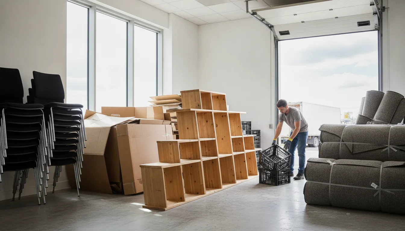 Worker sorting office materials for reuse and disposal