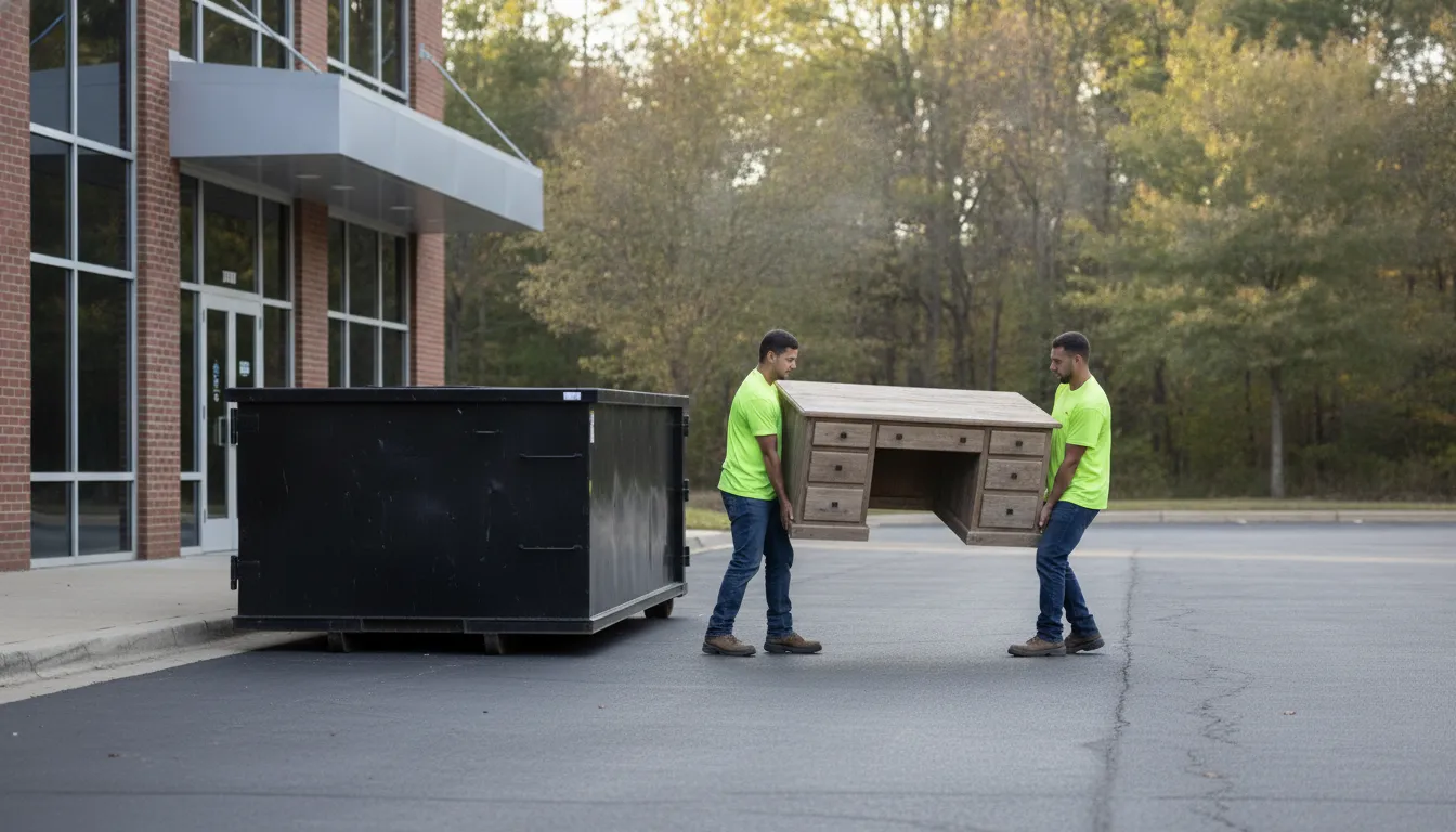Workers carrying office furniture to a driveway-friendly dumpster