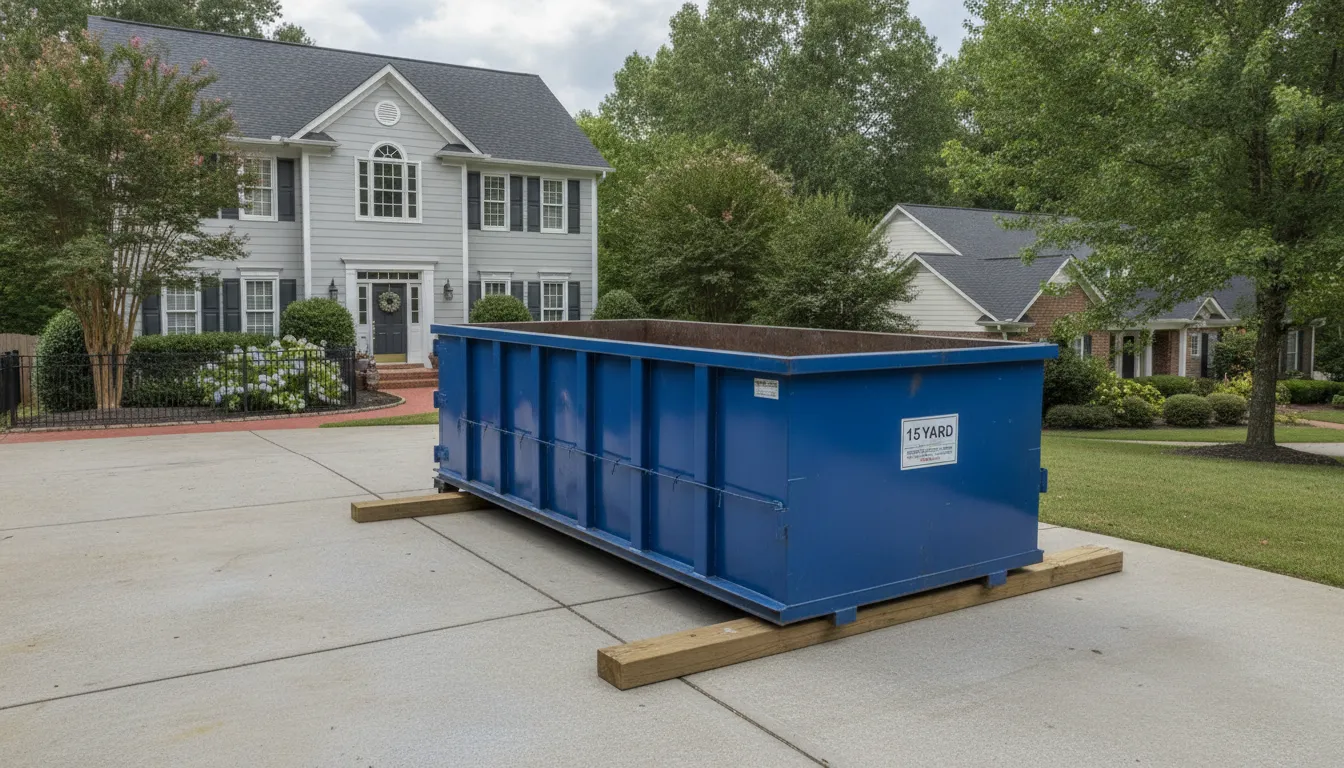 15-yard budget dumpster rental placed safely on a residential driveway