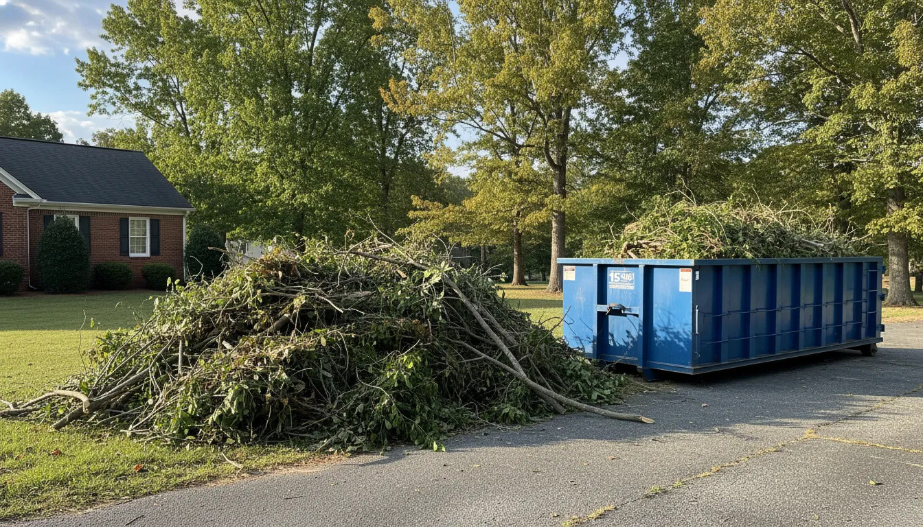 Yard waste dumpster rental being loaded with branches and brush