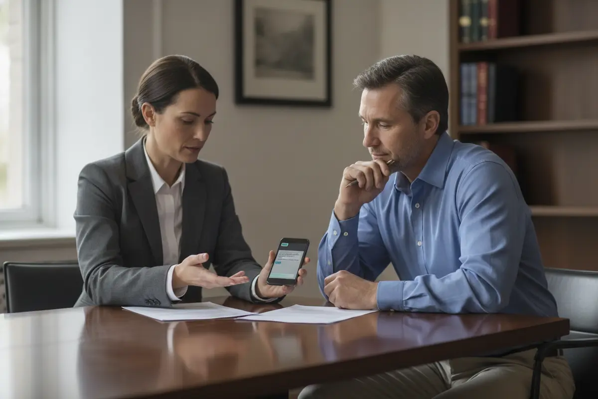 A defense attorney and client organize messages and case documents