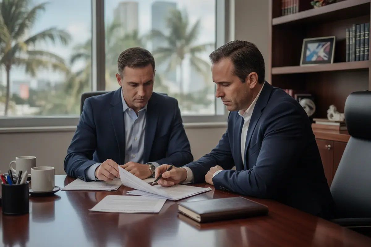 A defense lawyer reviewing court records and a registry notice with a client