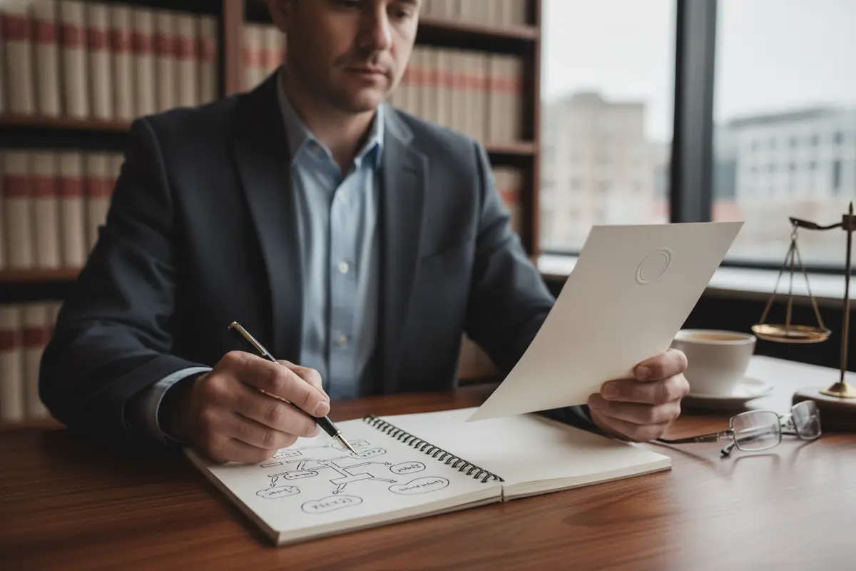 A person checking a court notice and preparing questions for a lawyer