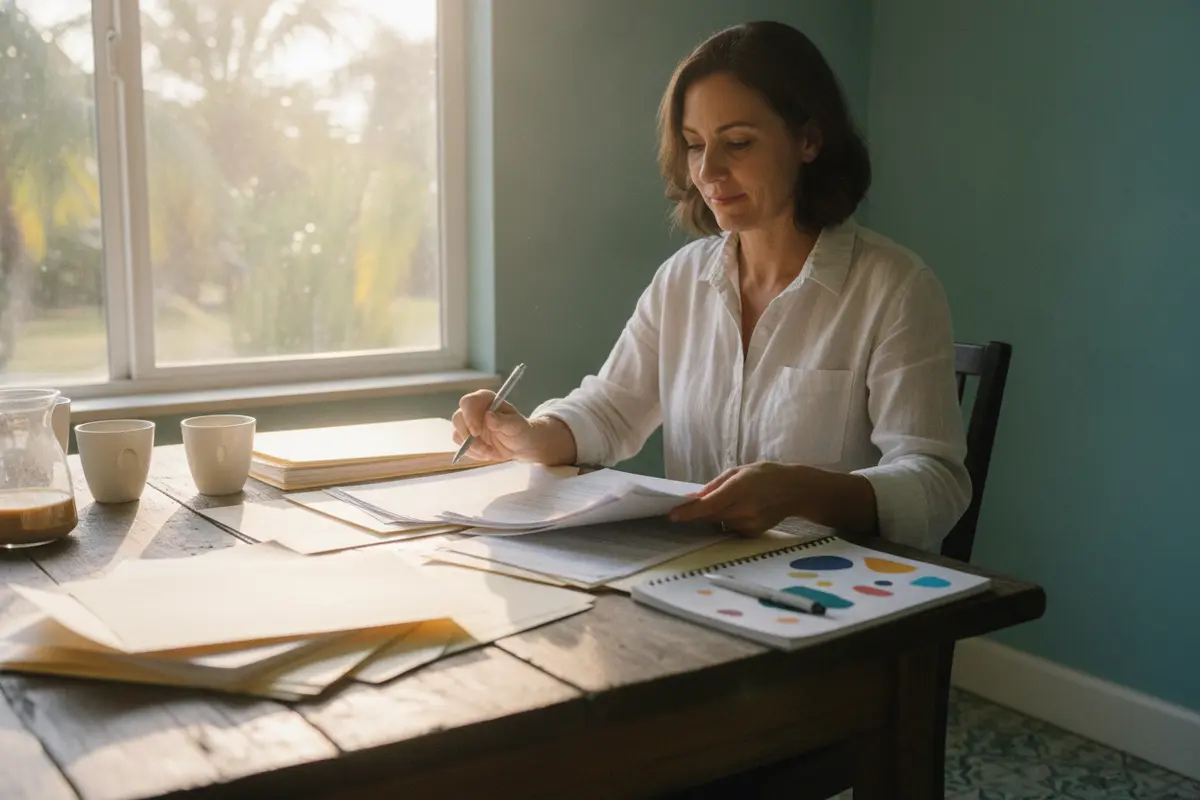 A person organizing official paperwork and a calendar to track reporting requirements