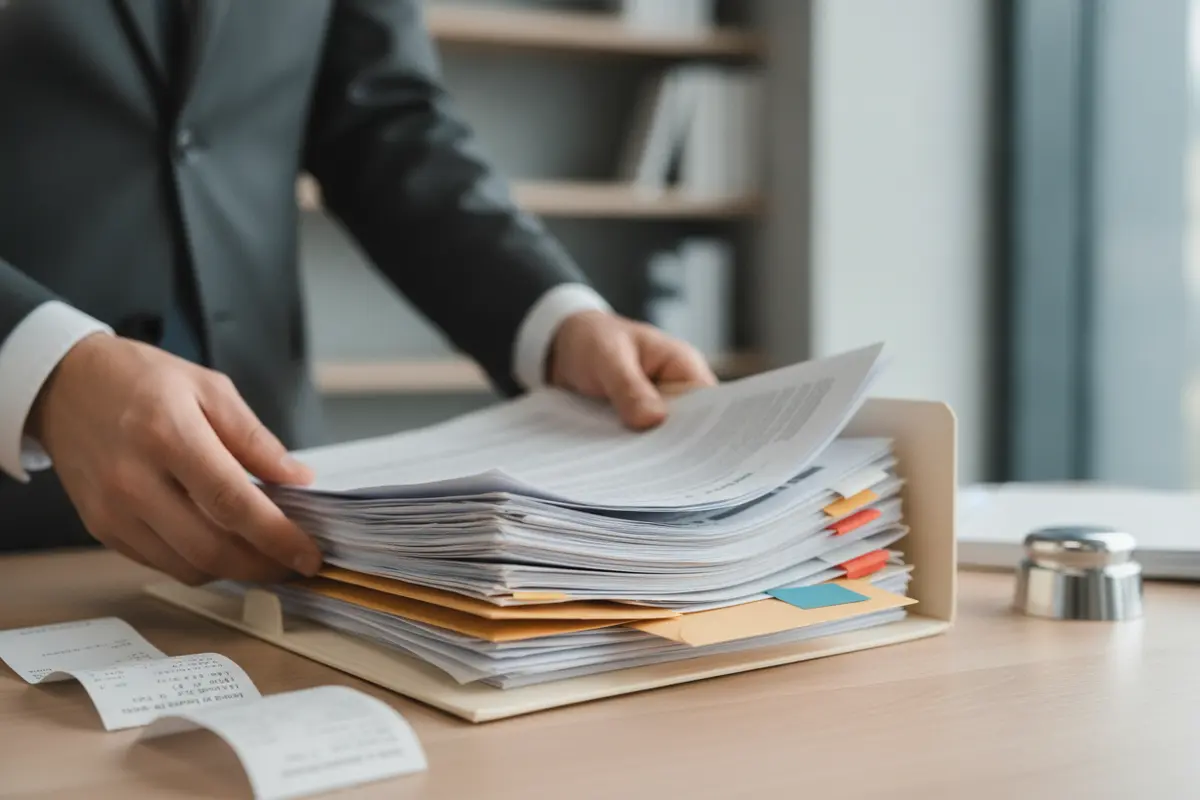 An attorney organizes claim documents and supporting records for review