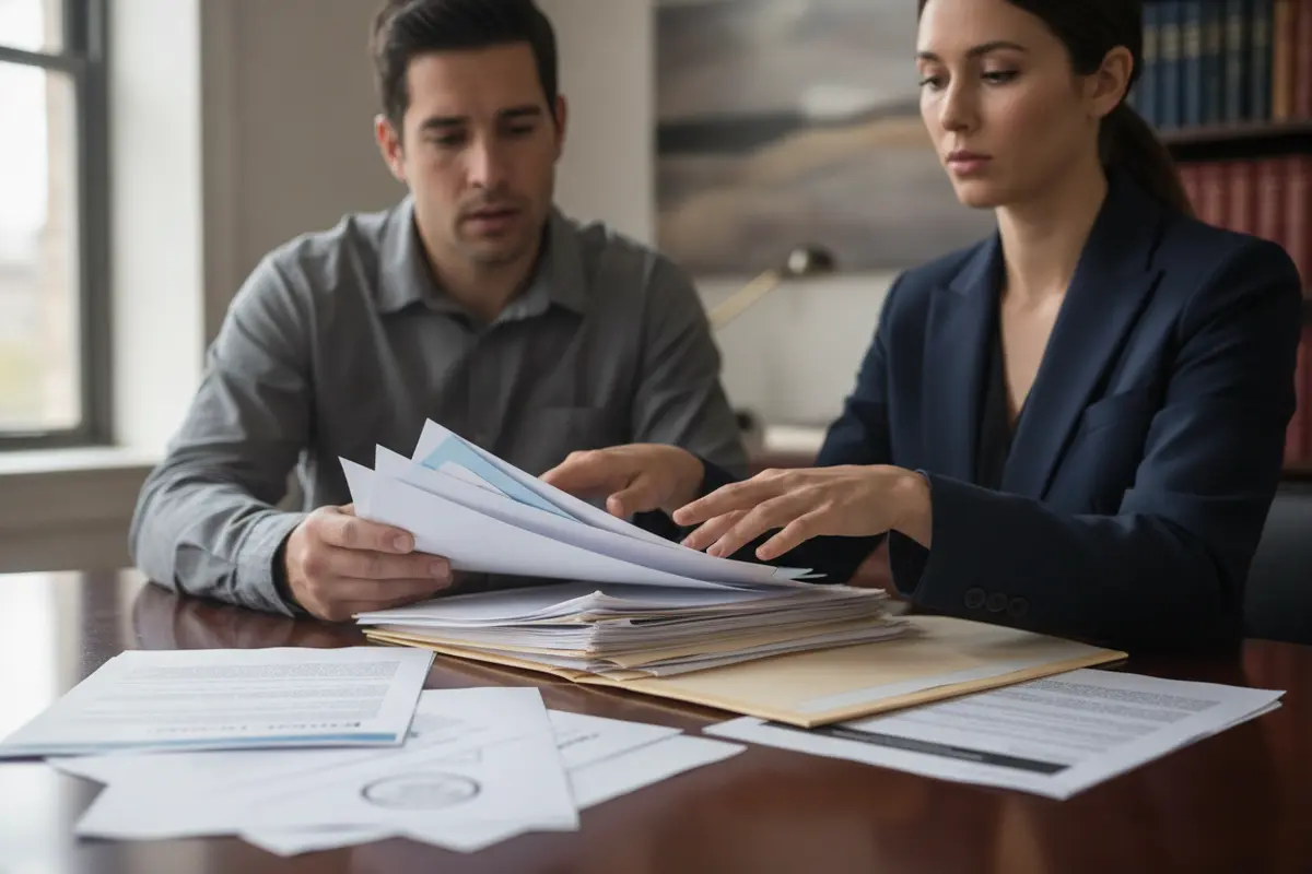 Attorney and client organizing arrest documents and court notices