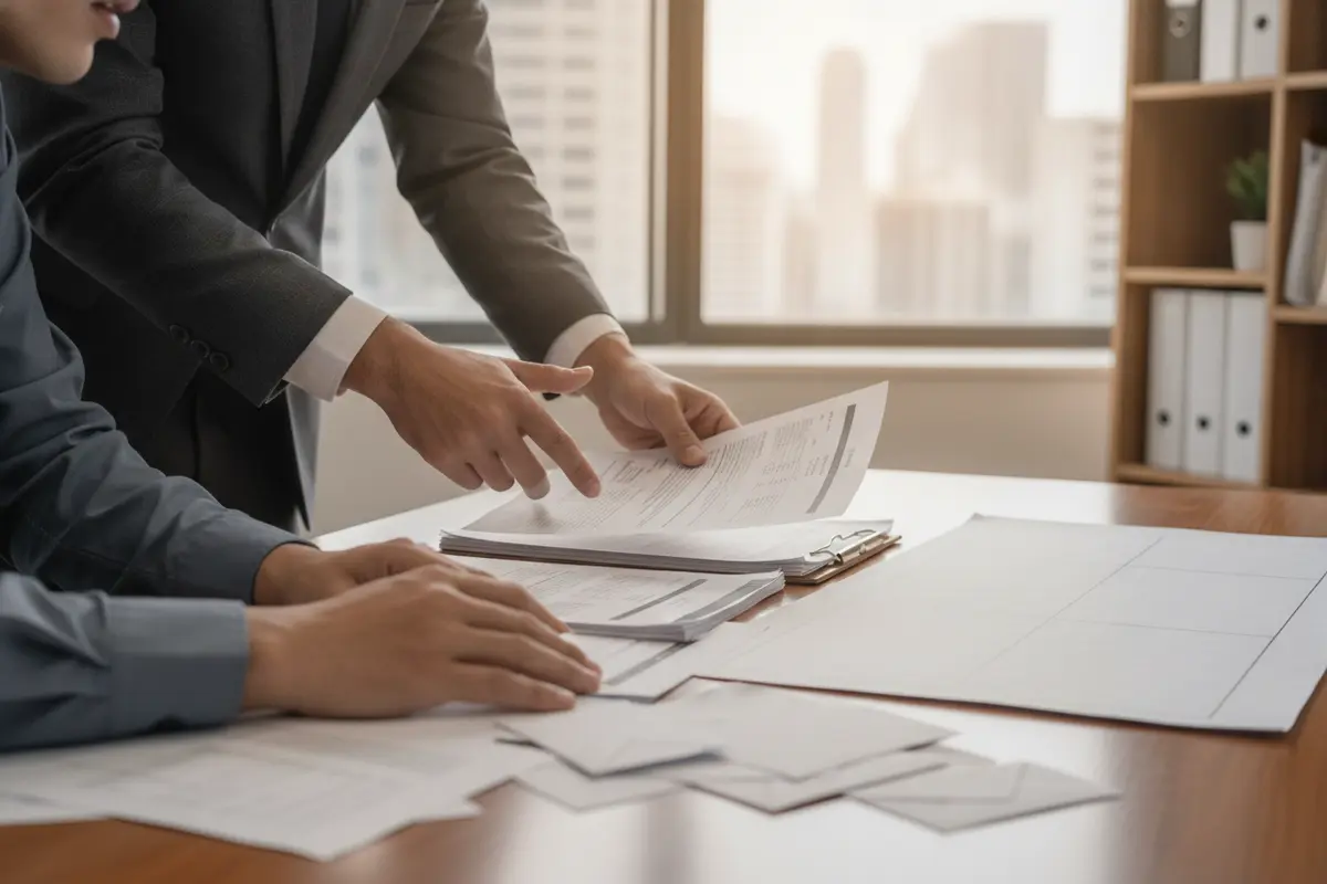 Attorney and client organizing financial records and a case timeline