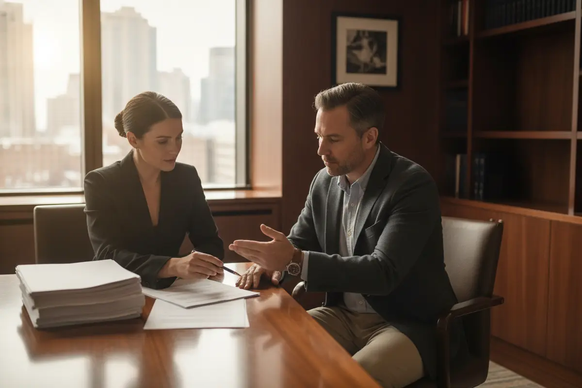 Attorney and client reviewing documents related to a petty theft allegation