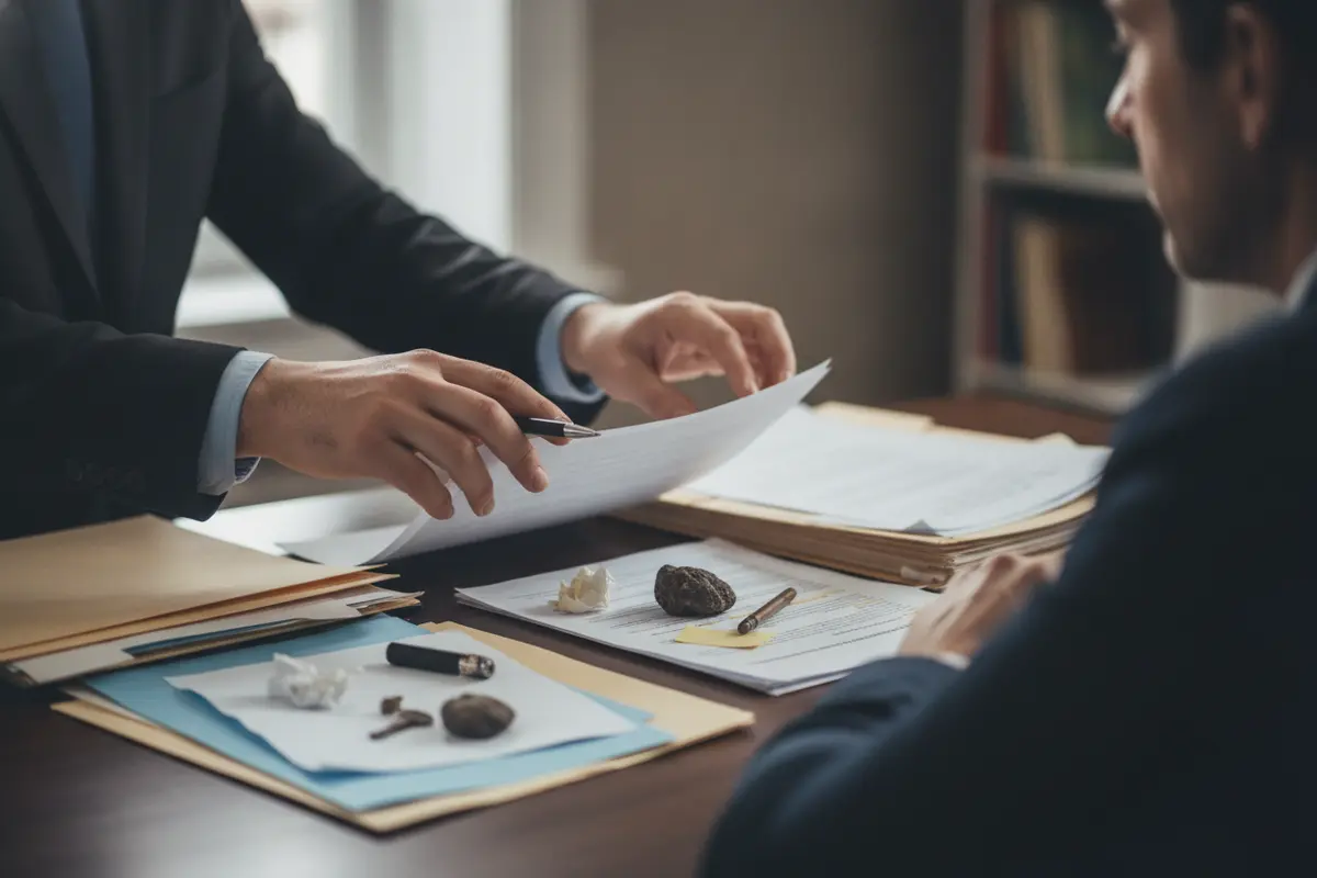 Attorney organizing investigation documents during a case review