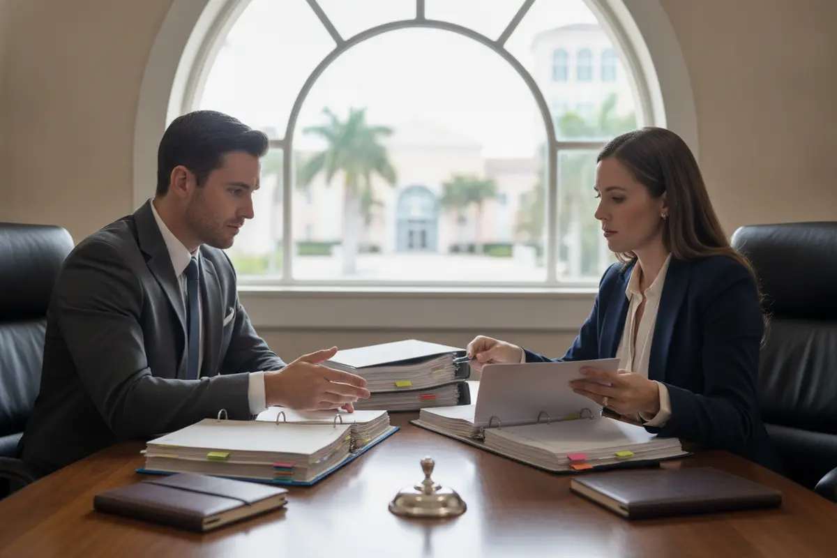 Client and defense attorney organizing documents before a court hearing