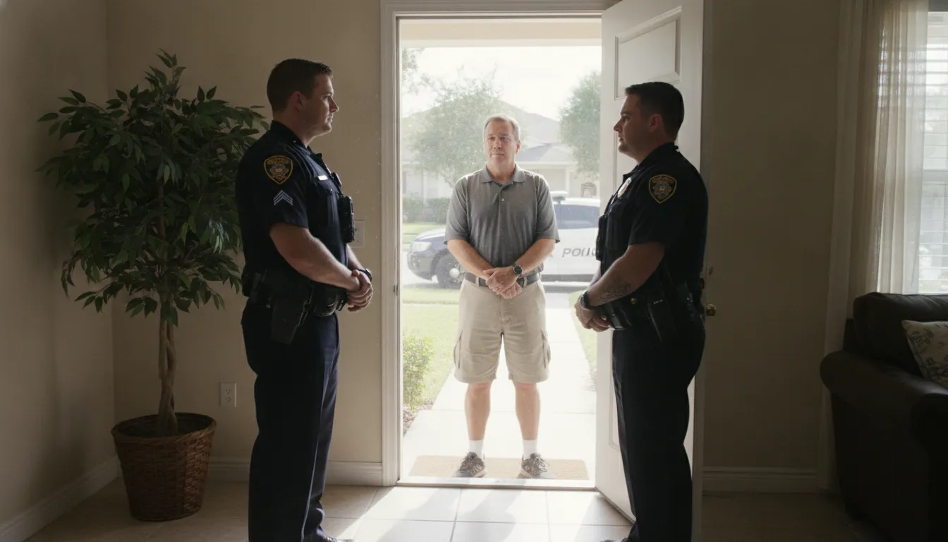 Florida homeowner calmly speaking with police at the front door about a home search