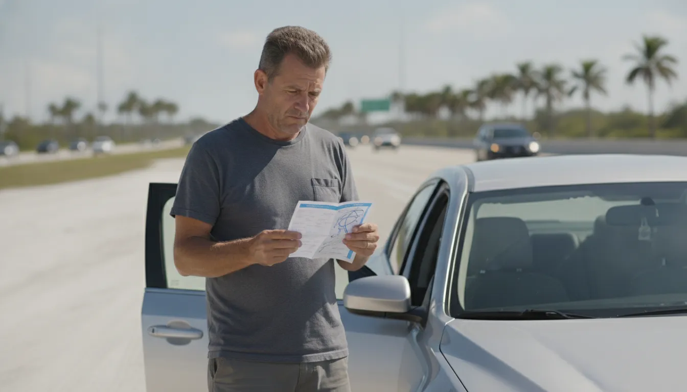 Florida driver holding a traffic citation beside their parked car