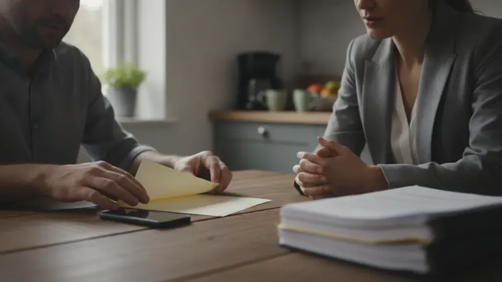 Client organizing documents with a temporary restraining order lawyer before a Florida hearing