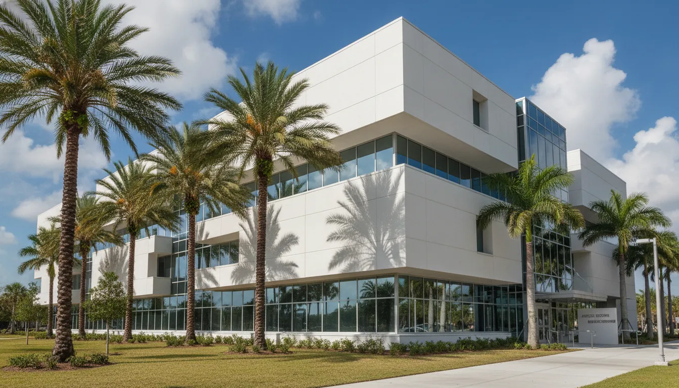 Florida courthouse with palm trees, showing the legal system where carjacking cases are prosecuted