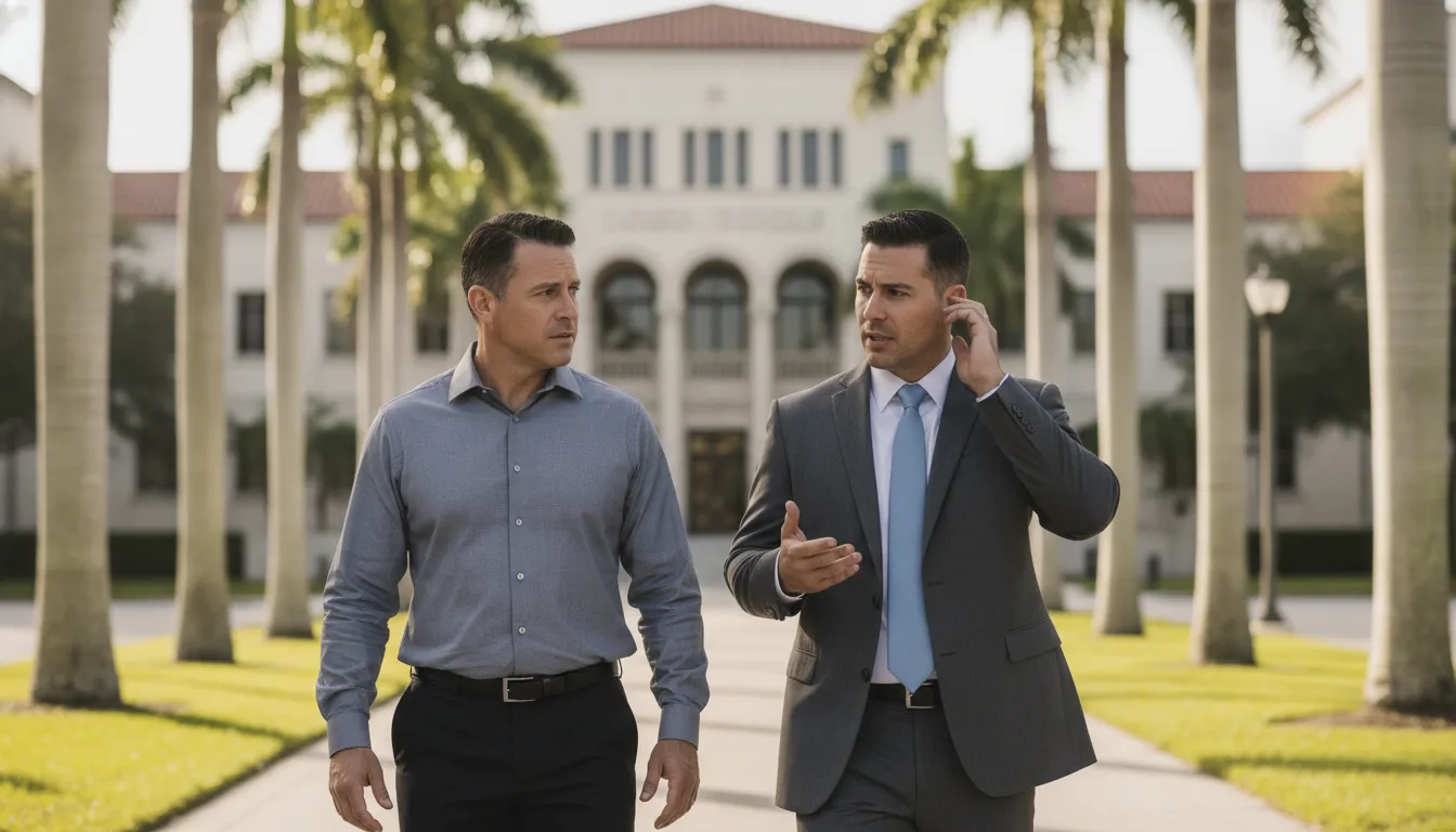 Assault attorney explaining Florida court next steps outside a courthouse