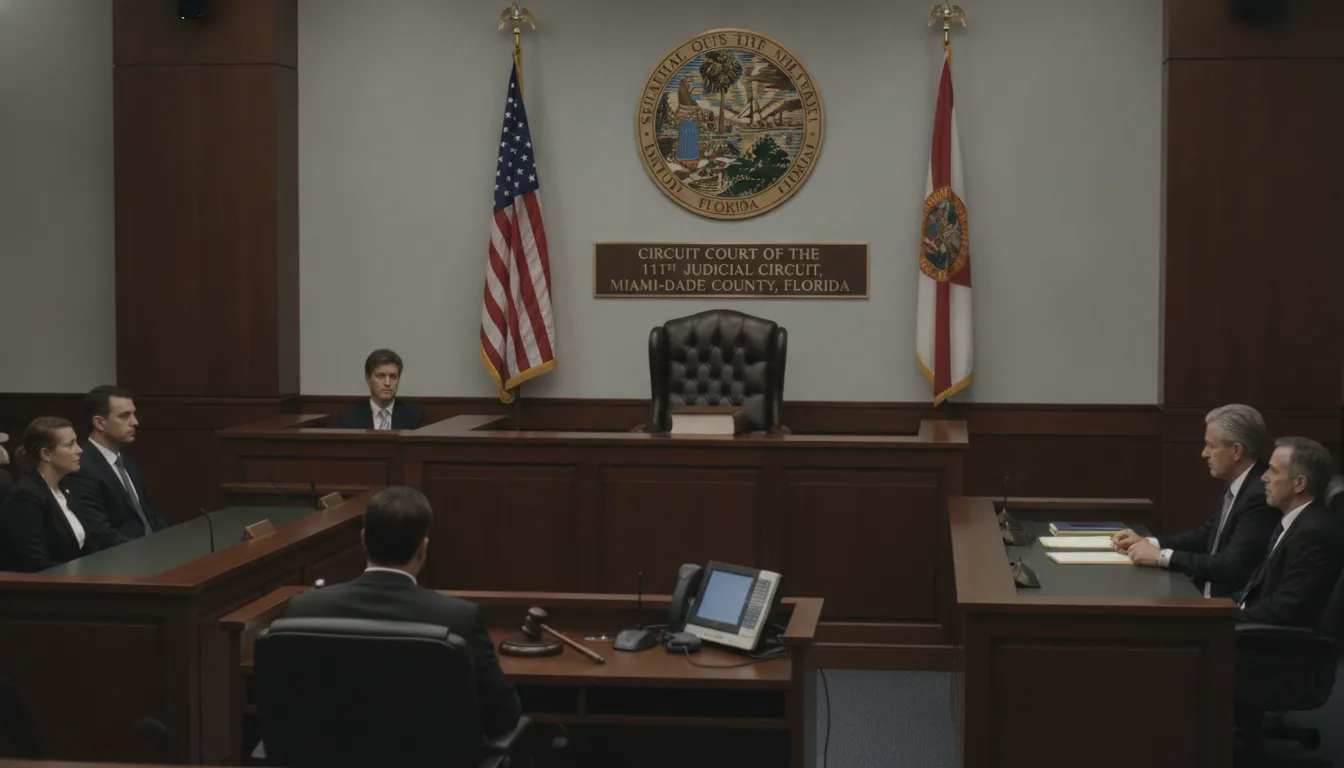 Florida courtroom with judge's bench, American flag, and state seal