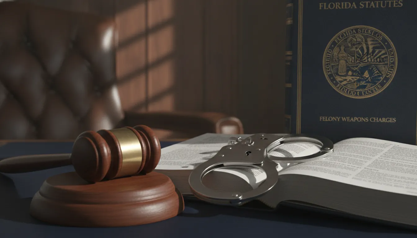 Gavel and handcuffs on law book representing consequences of felony weapons charge
