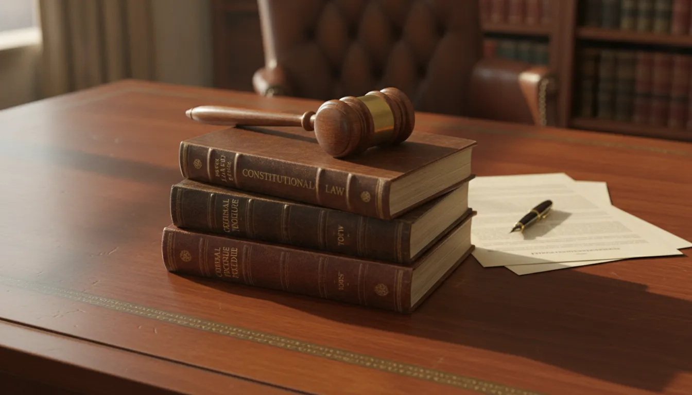 Wooden gavel and law books on a desk representing criminal defense and justice