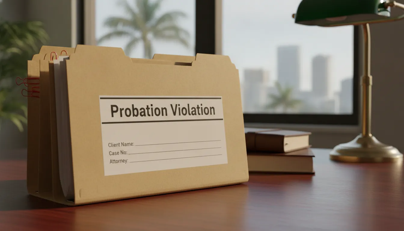 Legal folder for a Florida probation violation hearing on a desk