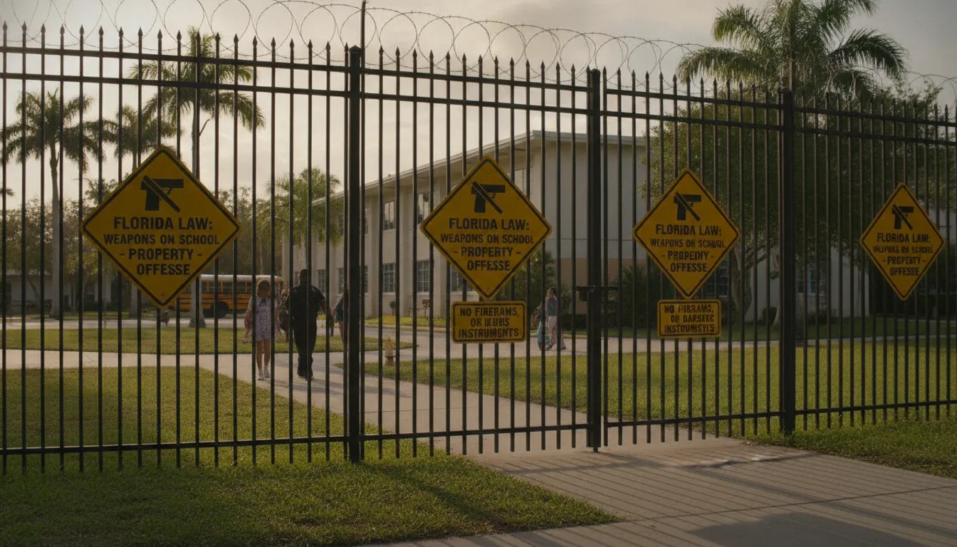 Florida school campus entrance with security signage indicating weapon-free zone