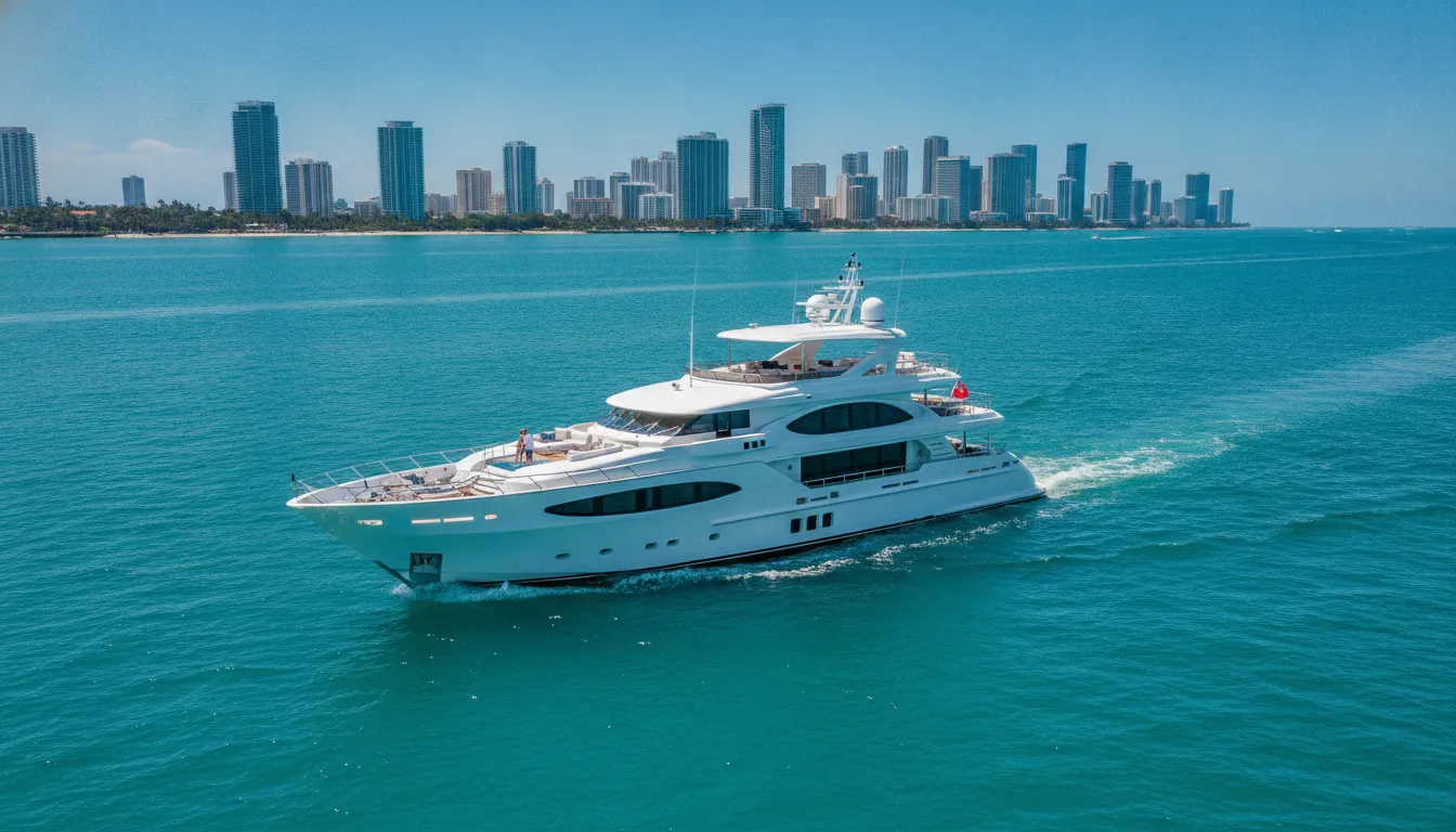 A luxury yacht cruising on the calm blue waters of Miami under a clear sunny sky