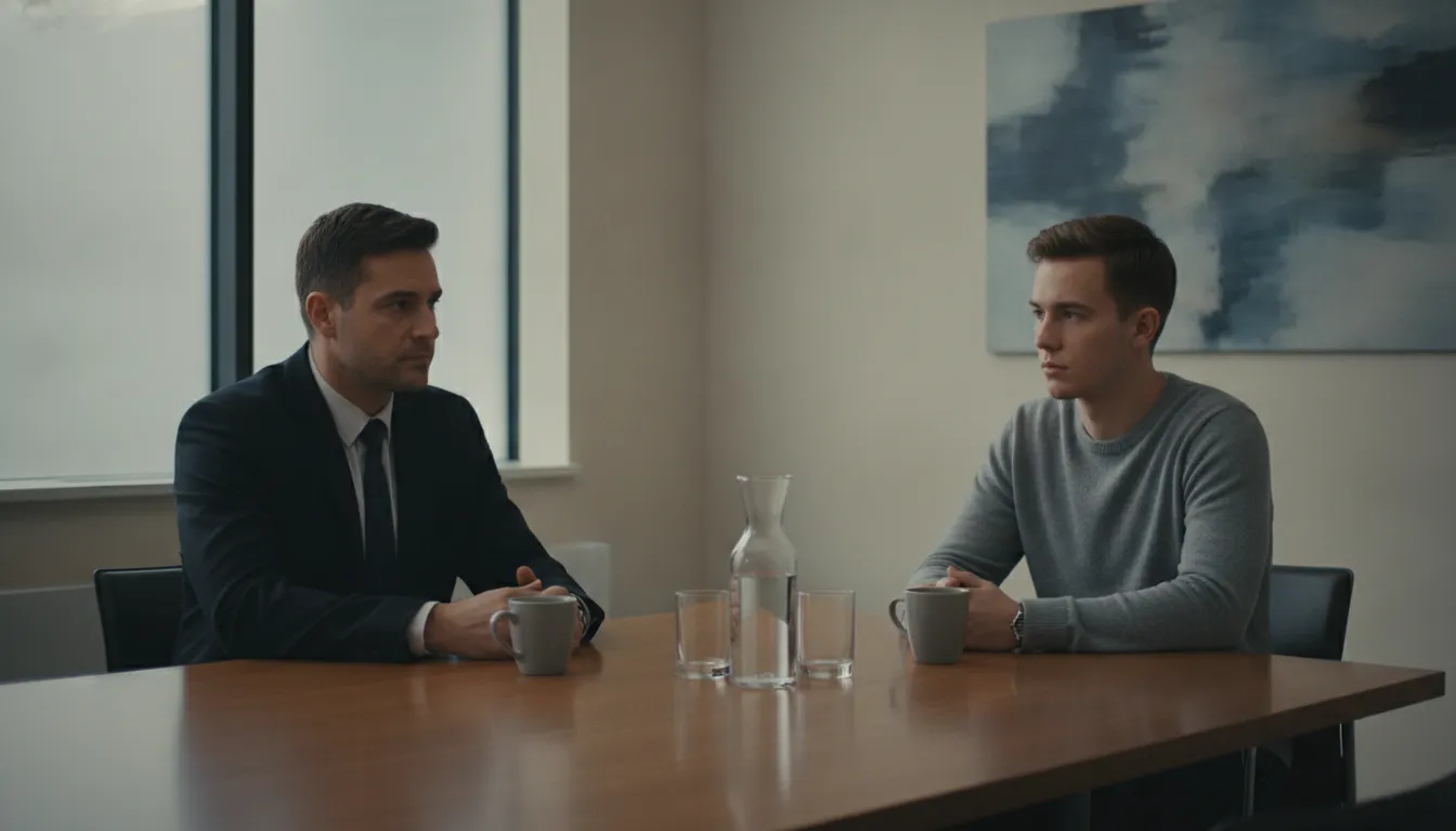 Person being questioned by police in an interrogation room setting
