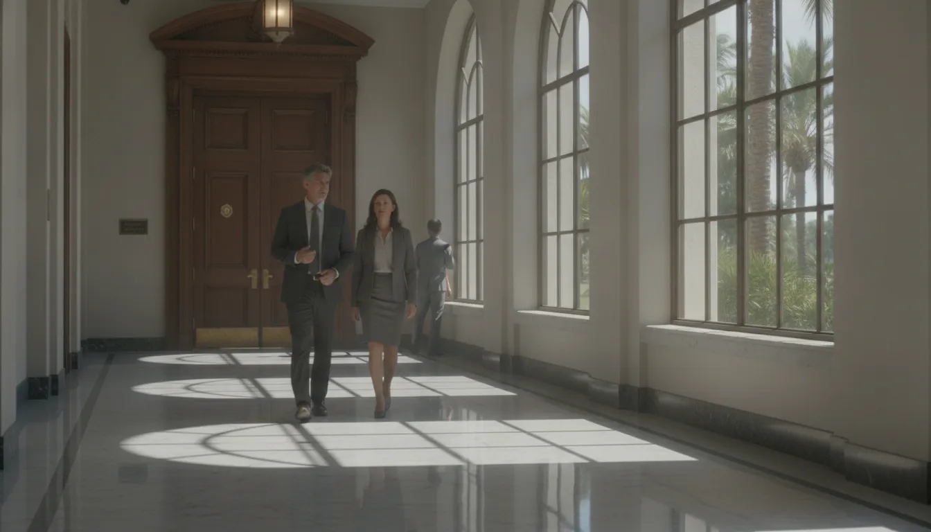 Lawyer walking with a client in a Florida courthouse corridor